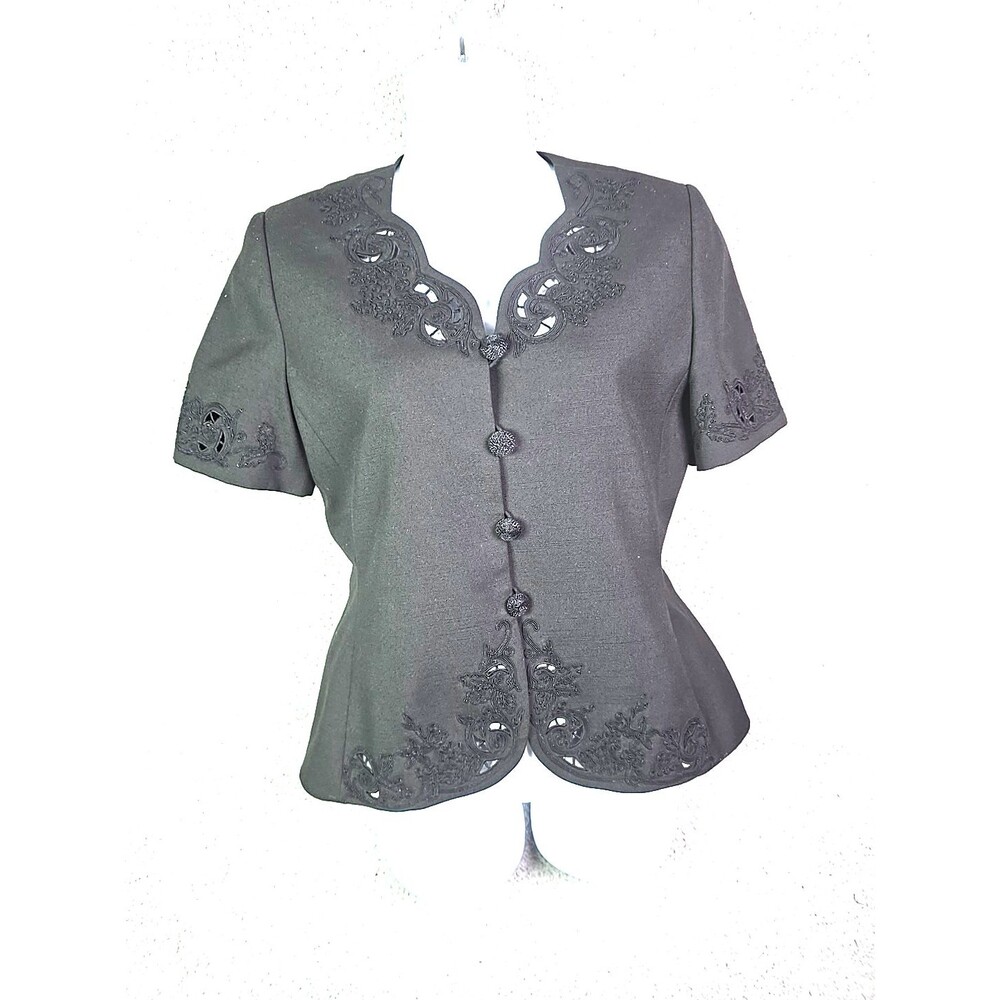 Le Suit Blazer 12 Black Short Sleeve Collarless Beaded Embroidered Office Chic